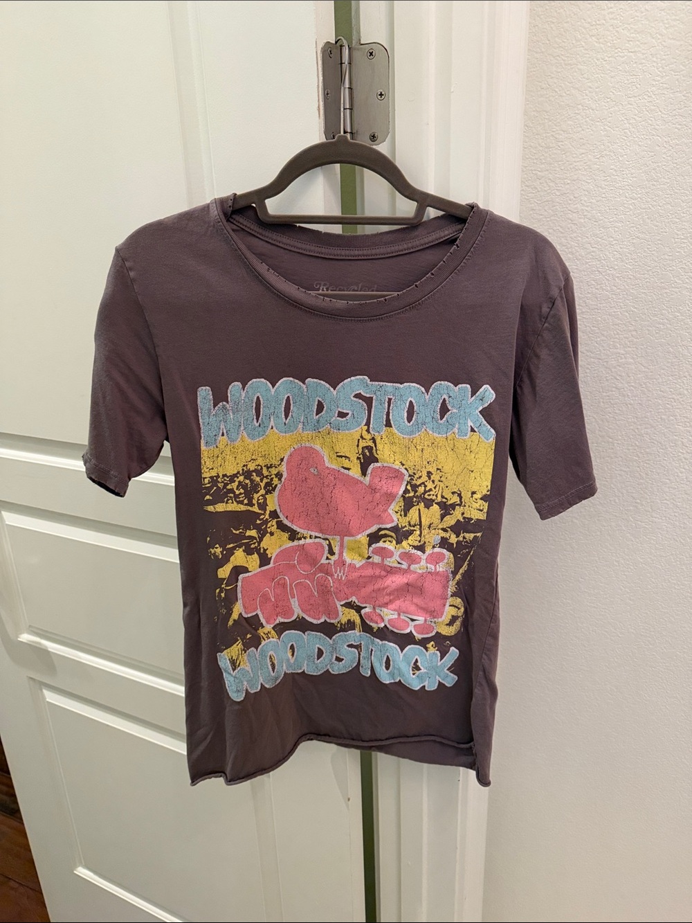 Recycled Karma Charcoal Woodstock Graphic Tee with Pink and Yellow Print